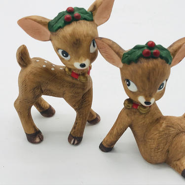 Vintage (2)  Porcelain Bisque Lefton  Deer Figurines  3 1/2 &quot; - Christmas Holiday Decoration 