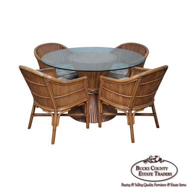 Quality Rattan Sheaf of Wheat Round Glass Top Table &amp; 4 Barrel Chairs Set 