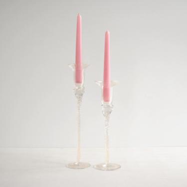 Vintage Hand Blown Clear Glass Candlestick Pair, Glass Candle Holders 