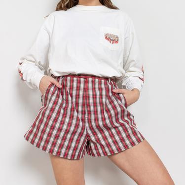 RED PLAID SHORTS Vintage High Waist Cotton Pleated Woman 90's / 31