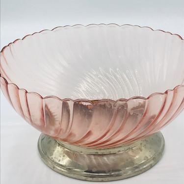 Vintage  France Pink Rosaline Swirl Scalloped Edge Large Salad  Bowl with Silver Metal Base 