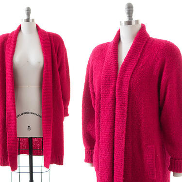 Vintage 1980s Sweater Coat | 80s Hot Pink Chunky Bouclé Knit Acrylic Long Oversized Cozy Cardigan (medium/large) 