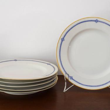 Blue and White Vintage China Salad Plates. Art Deco Blue and Gold Rimmed Porcelain Dishes. 