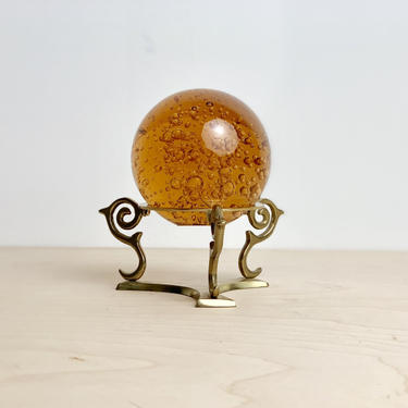 Amber Bubble Paperweight on Brass Stand 