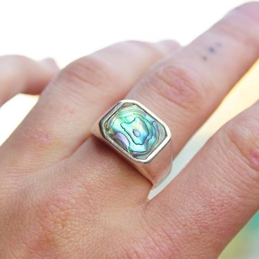 Vintage Sterling Silver Abalone Inlay Signet Ring, Iridescent Snail Shell, Men's Silver Abalone Ring, Unisex Jewelry, Size 9 1/2 US 
