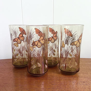 Vintage Libbey Monarch Butterfly Juice Glasses, Orange, Yellow, Red Butterfly Pattern, Set of 4, MCM Retro Kitchen 