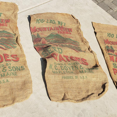 Burlap sack, set of 3, vintage Maine street potatoes 