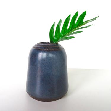 Small Denim Blue Studio Pottery Capule Vase, Vintage Modern Stoneware Weed Pot, Wabi Sabi Pottery Vase 