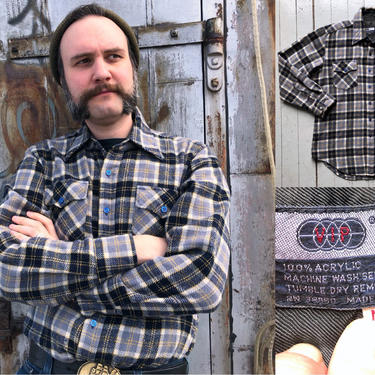 1970s Vintage Grey and Blue Plaid Flannel Button Down by VIP - Men’s Size Medium by HighEnergyVintage
