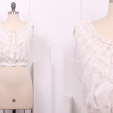Vintage 1910's White Cotton &amp; Lace Camisole • 10's Edwardian Pintucked Corset Cover • Size S/M 