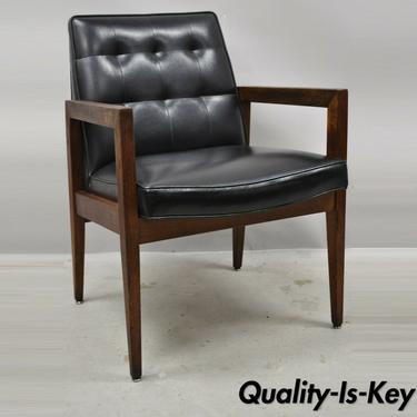 Vintage Mid Century Modern Jens Risom Style Walnut Black Vinyl Lounge Arm Chair