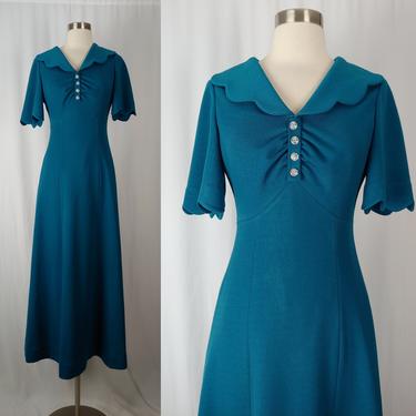 Vintage Seventies Blue Short Sleeve Maxi Dress - XS Scalloped Collar Empire Waist 70s Dress 