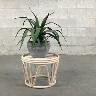 Vintage Plant Stand Retro 1980’s Circular White Rattan Frame Ottoman + Straw Wrapping Details + 16 inch Diameter + Indoor + Outdoor Plants 