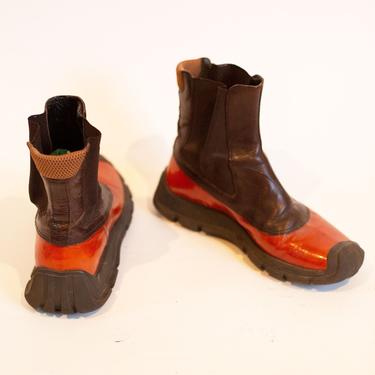 Vintage MIU MIU Y2K Orange Patent and Brown Leather Chunky Boots sz 35 36 Lug Sole 90s 