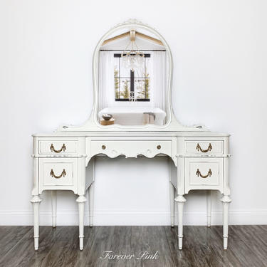 NEW - Vintage White Five Drawer Vanity / Desk with Mirror 