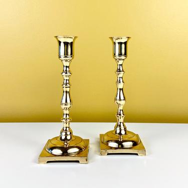 Pair of Brass Candlestick Holders with Square Bases 