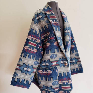 1980s Tapestry Jacket Blue Southwestern Navajo Cowgirl / 80s Oversized Blanket Weave Blazer Country Western / XL 