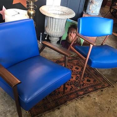 Mod Classic Blue chairs, upholstered in blue vinyl. Both manufactured by Viko Baumitter.
