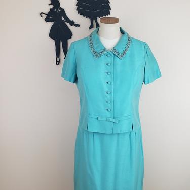 Vintage 1960's Mint Suit Set / 60s Blue Beaded Silk Top and Skirt Set L 