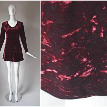 vtg 90s Moda Int'l burgundy red crushed velvet long sleeve trapeze dress | y2k 1990s | size X-Small XS dress | holiday party v-neck dress 