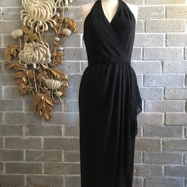 1980s cocktail dress, vintage halter dress, beaded gown, size medium, backless gown, kathryn conover, maxi dress 