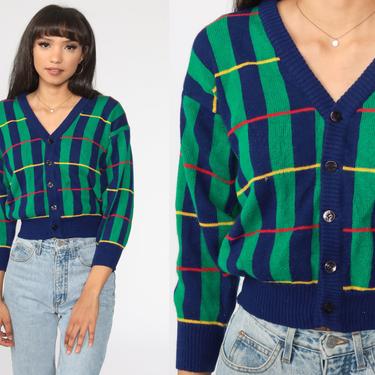 Cropped Cardigan 80s Sweater Navy Blue Green Striped Sweater Knit Boho Crop Vintage Retro 1980s Extra Small xs s 