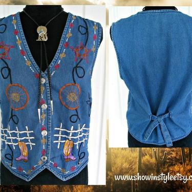 Vintage Retro Western Women&#39;s Cowgirl Vest by New Direction, Embroidered Western Scenes on Denim, Tag Size Large (see meas. photo) by ShowinStyle