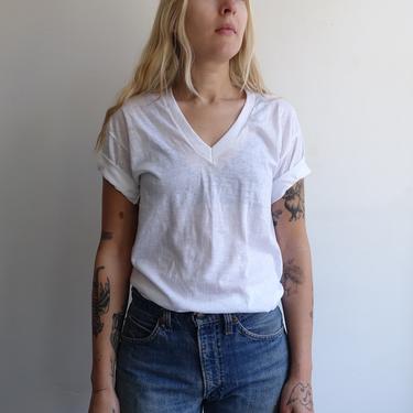 Vintage 80s Paper Thin White T Shirt/ 1980s Threadbare V Neck Plain 50 50/ Made in USA/ Deadstock/ Size M 