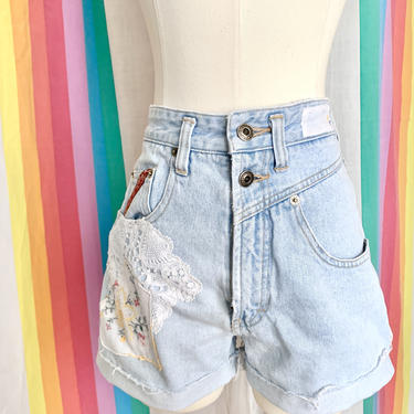 Vintage Cut Off Shorts, High Waist Denim, Embroidery Lace Trim, Upcycle, Blue Jean, Daisy Duke 