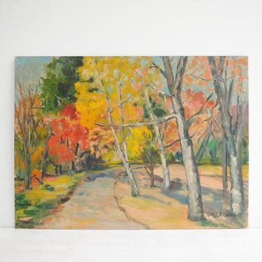 Vintage Landscape Painting of Trees in the Fall, Fall Foliage Oil Painting on Canvas Board 