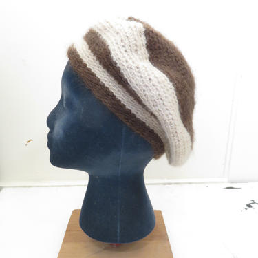 Vintage 70s Brown Striped Knit Slouchy Beanie Beret 