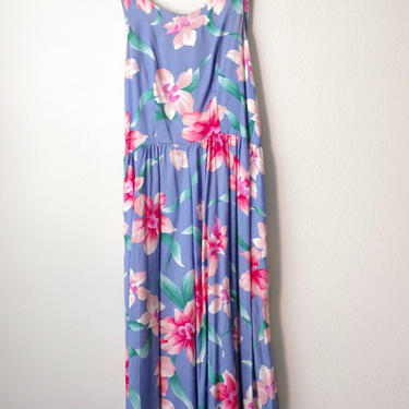 50) VINTAGE 80s 90s blue and pink floral sleeveless maxi dress tropical island 