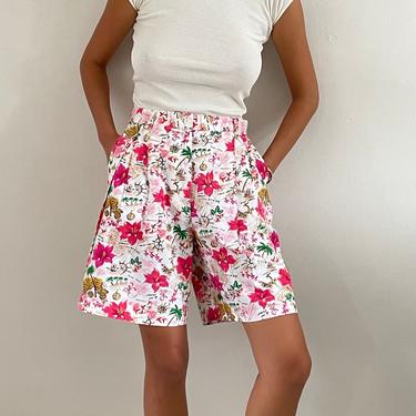 90s cotton souvenir shorts / vintage cotton tropical island floral map travel pleated baggy shorts | M 