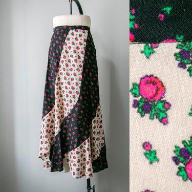 1970s Skirt Floral Paneled Bias Cut Maxi M 
