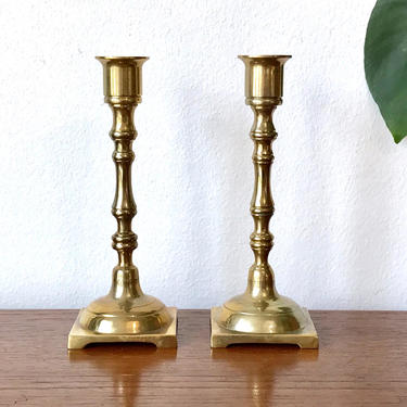 Pair of Brass Candle Holders - Solid Brass Mid Century Push Up Romantic Candlestick Holders - Set of 2 Shiny Golden Brass Candleholders 