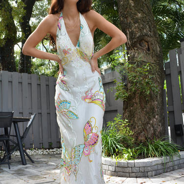 vintage beaded formal gown / y2k formal dress / white formal dress / butterfly gown / beaded formal gown / white formal maxi / halter top 