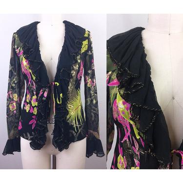 Vintage 80s/90s Black Floral Lamé Ruffled Top Jacket Silk Chiffon 1970s S 