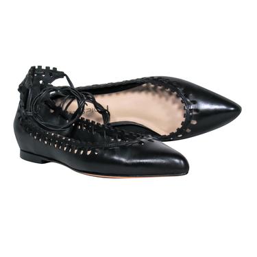 Via Spiga - Black Leather Pointed Toe Ankle Wrap Flats w/ Laser Cut Trim