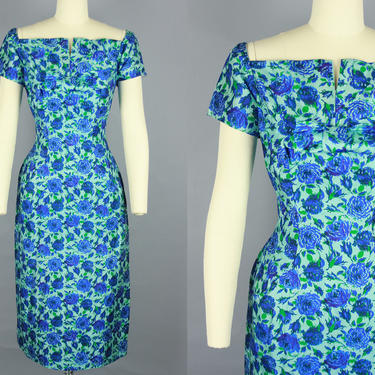 1960s BLUE ROSE Wiggle Dress | Vintage 60s Fitted Silk Cocktail Dress | small / medium 