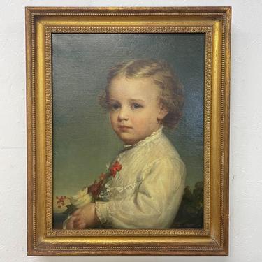 1850s Theodore Kelley Art Antique Oil Portrait Painting Fine Young Blonde Child signed 