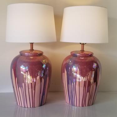 Vintage 1980s Lavender Iridescent Art Drip Glaze Ceramic Table Lamps - a Pair 