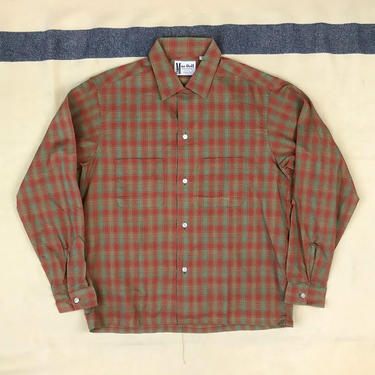 Size M NOS Vintage 1950s 1960s Men’s Light Green, Brick Red, and Yellow Overcheck Plaid Pattern Loop Collar Long Sleeve Shirt 