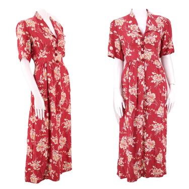 30s rayon floral day dress size L / vintage 1930s cranberry deco floral depression era dress large 