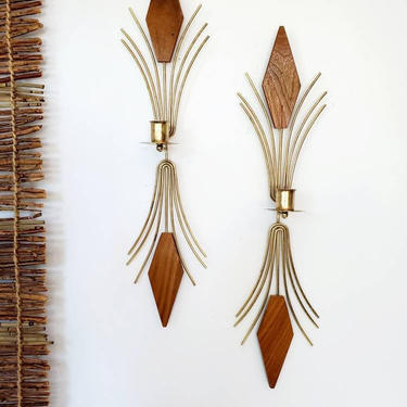 Mid Century Modern Large Wood &amp; Brass Wall Sconce Set 19&amp;quot; 