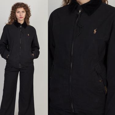 90s Polo Ralph Lauren Black Harrington Jacket - Men's Small, Women's Medium| Vintage Flannel Lined Zip Up Windbreaker Bomber Coat 