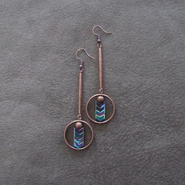 Minimalist earrings, long rainbow hematite, mid century modern, Brutalist geometric earrings, unique statement earrings, copper earrings 