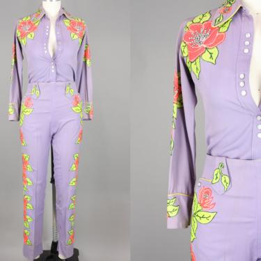 1940s Western Embroidered Set · Vintage 40s Lavender Two Piece Suit with Floral Chain Stitch Embroidery · Extra Small 