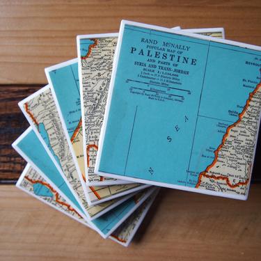 1946 Palestine Map Coaster Set of 6. Gift Palestine Coasters. Tel Aviv. Gaza strip. West bank. Jerusalem Map. Jordan. Syria. Middle East map 