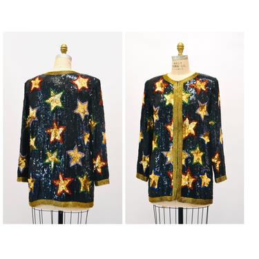80s 90s Vintage Star Sequin Beaded Jacket Black Gold Metallic Star Sequin Jacket Medium// 80s 90s Glam Vintage Party Sequin Jacket Stars 