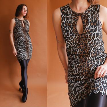 Vintage 60s Scalloped Leopard Mini Dress/ 1960s Nylon Zig Zag Hem/ Cavegirl/ Rockabilly / Size Small 